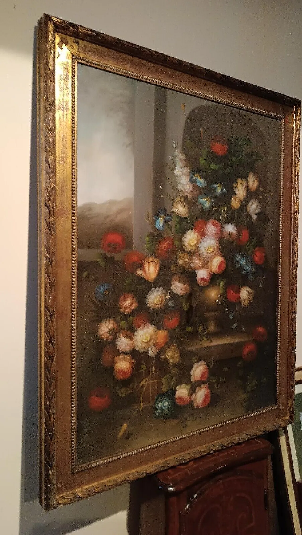 Flower painting, oil on canvas with gilt frame, 1950s 3