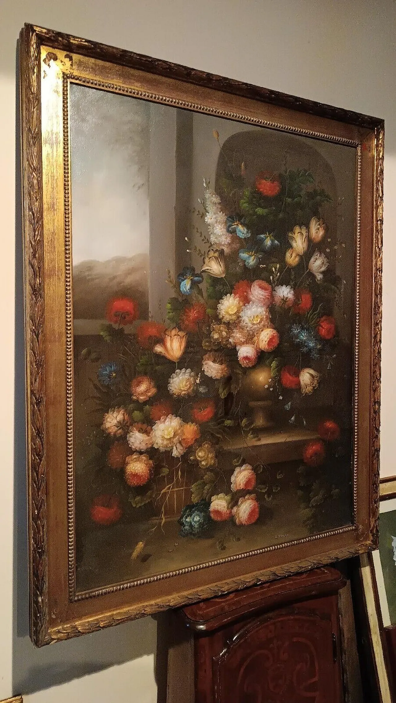 Flower painting, oil on canvas with gilt frame, 1950s 4