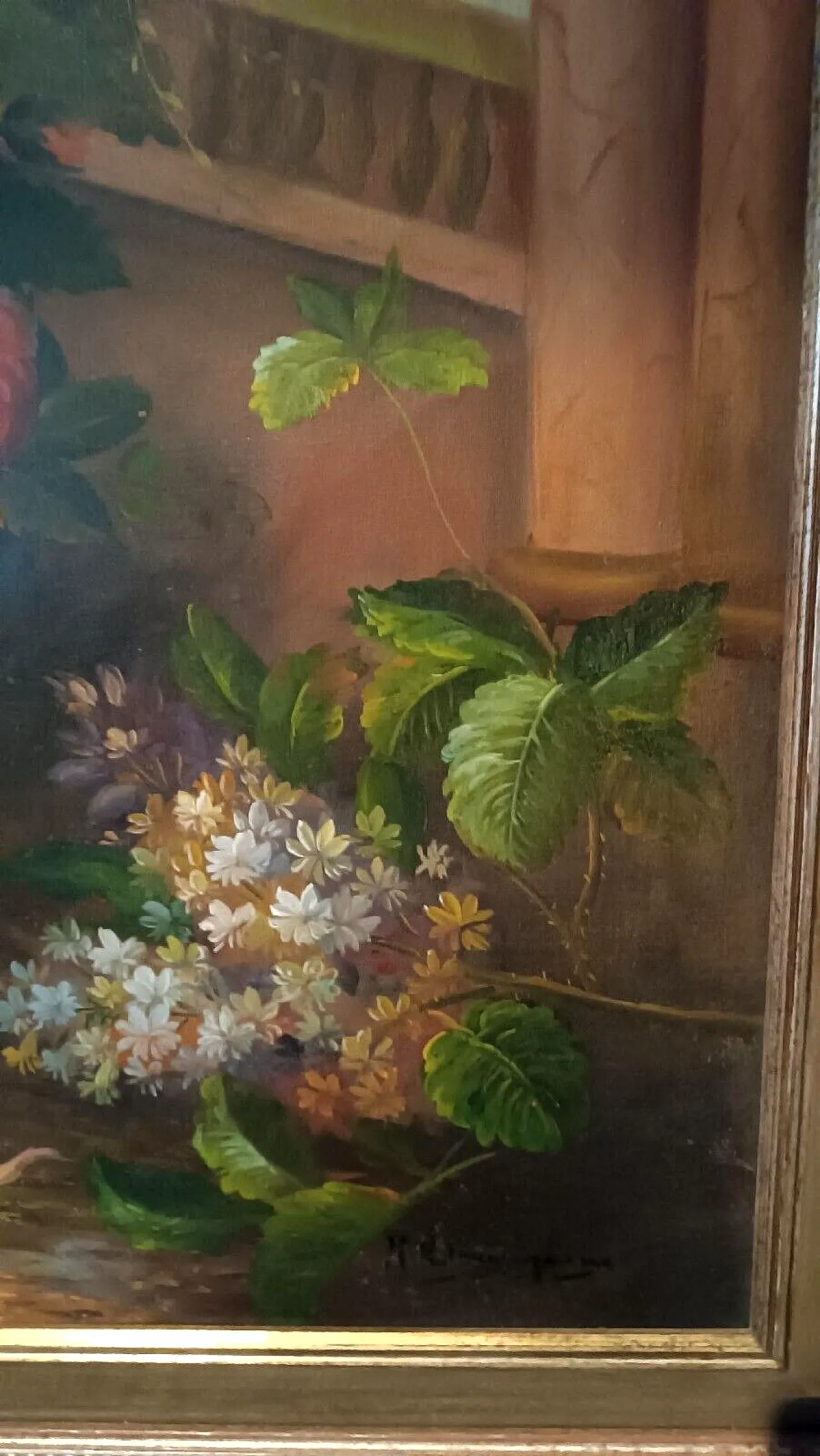 Flower painting, oil on canvas with gilt frame, 1970s 6