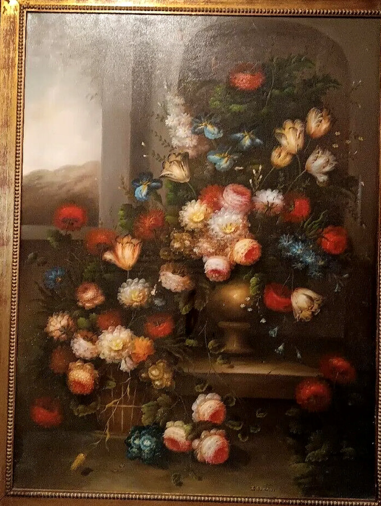 Flower painting, oil on canvas with gilt frame, 1950s 6