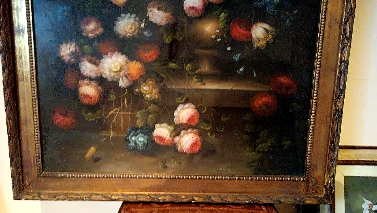 Flower painting, oil on canvas with gilt frame, 1950s 7