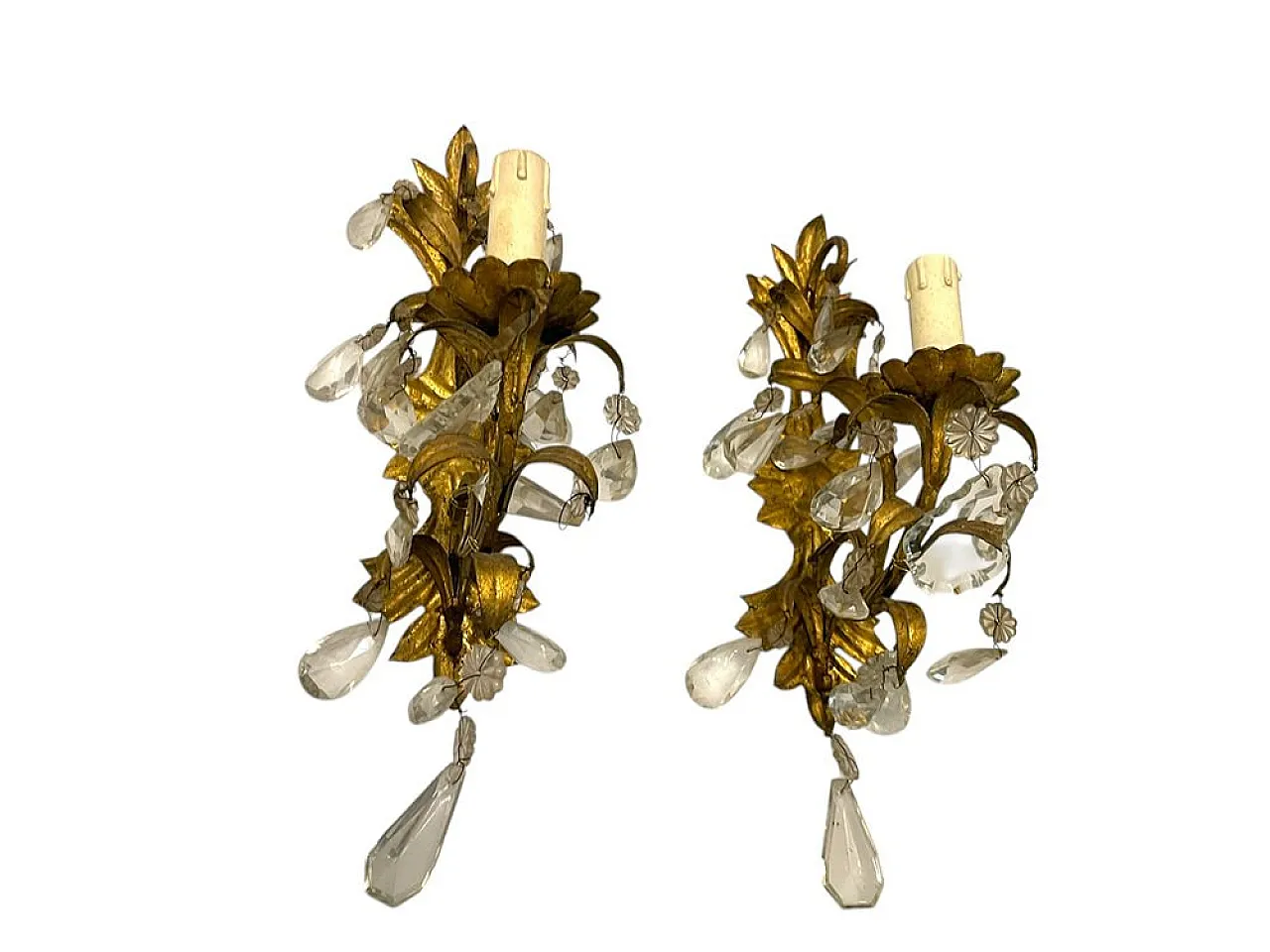 Coppia di appliques dorate in bronzo e cristallo, 50s 11