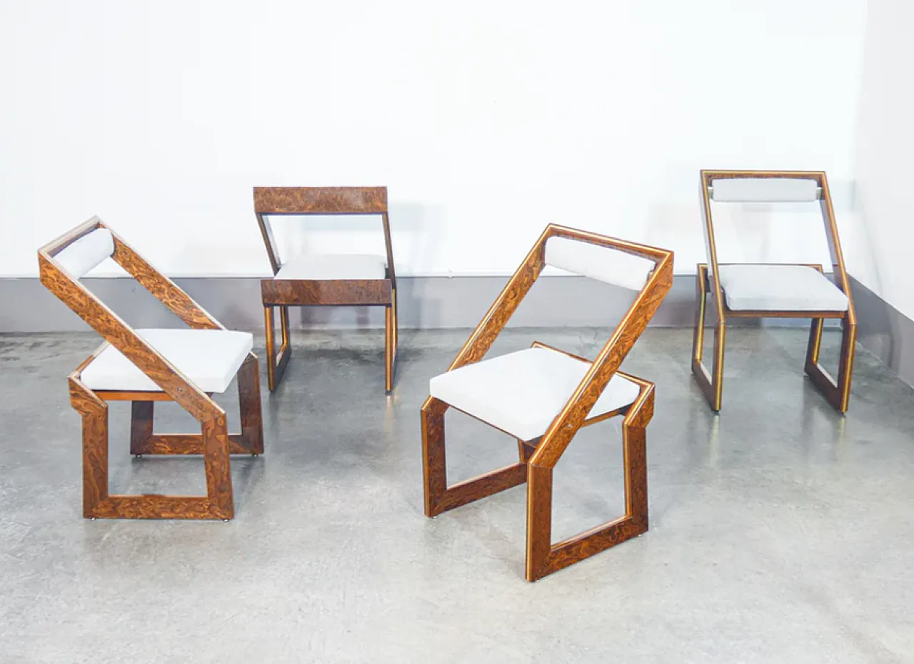 4 Wood and brass chairs by Poggioli, 1970s 1