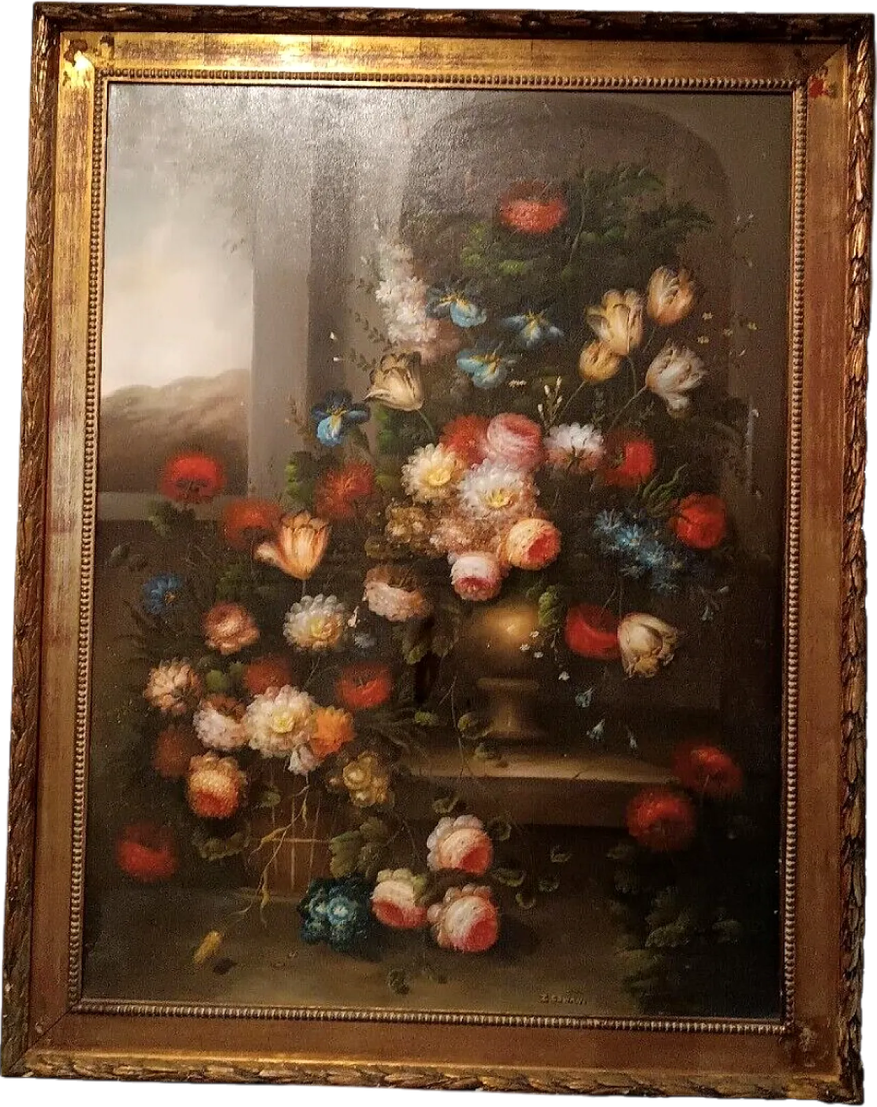 Flower painting, oil on canvas with gilt frame, 1950s 10