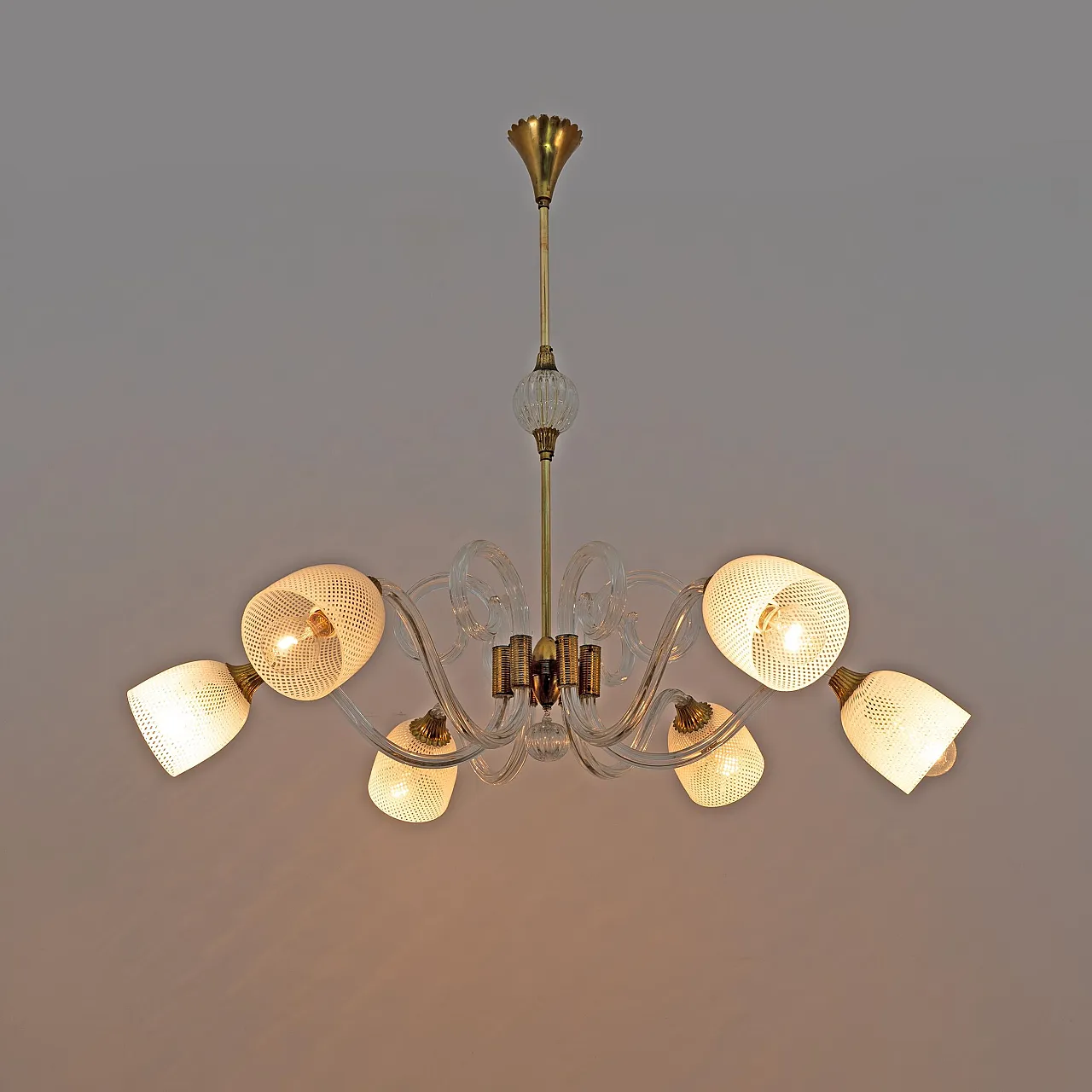 Murano glass and brass chandelier by Ercole Barovier, 1930s 3