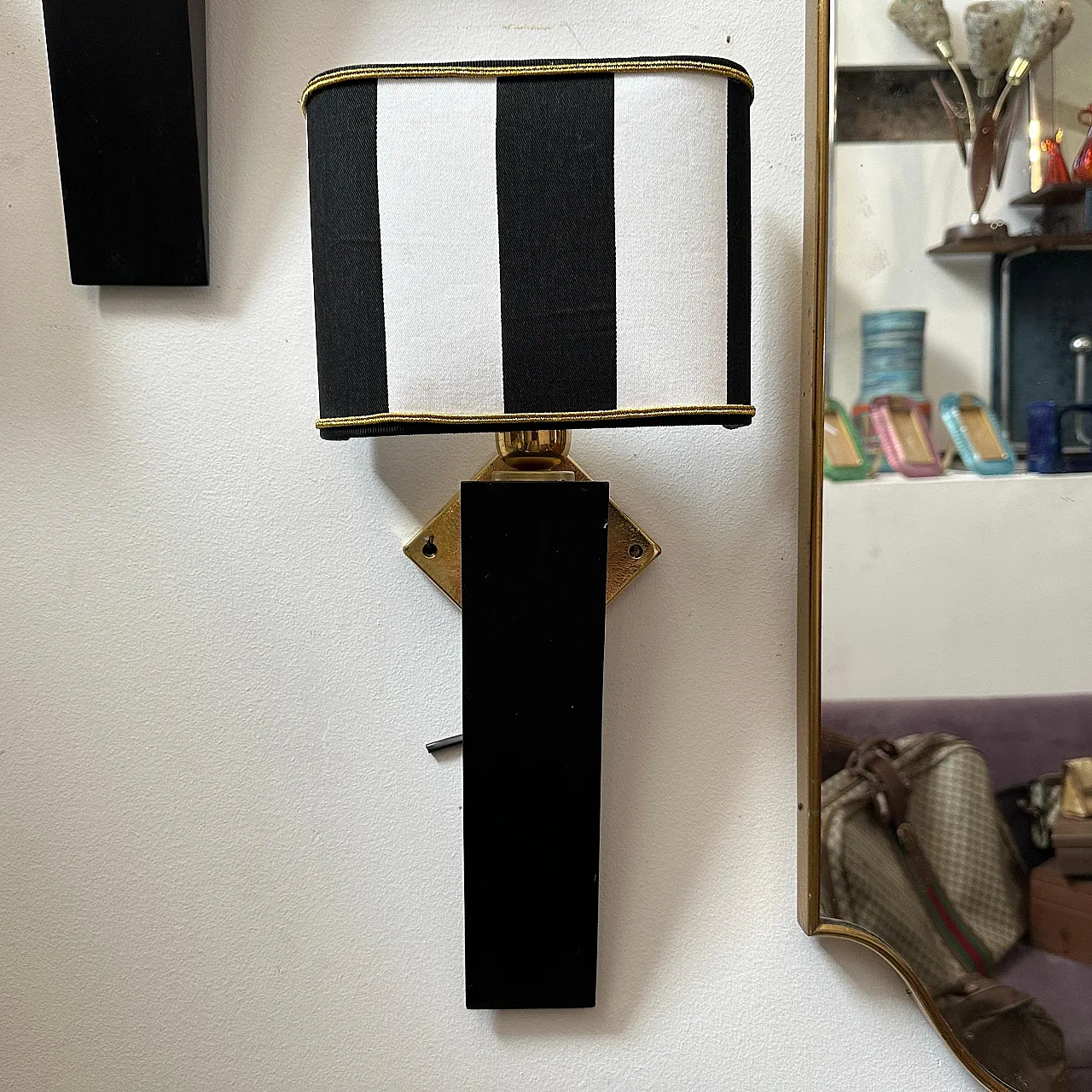 Art Deco style wood and brass wall lamp, 1980s 3