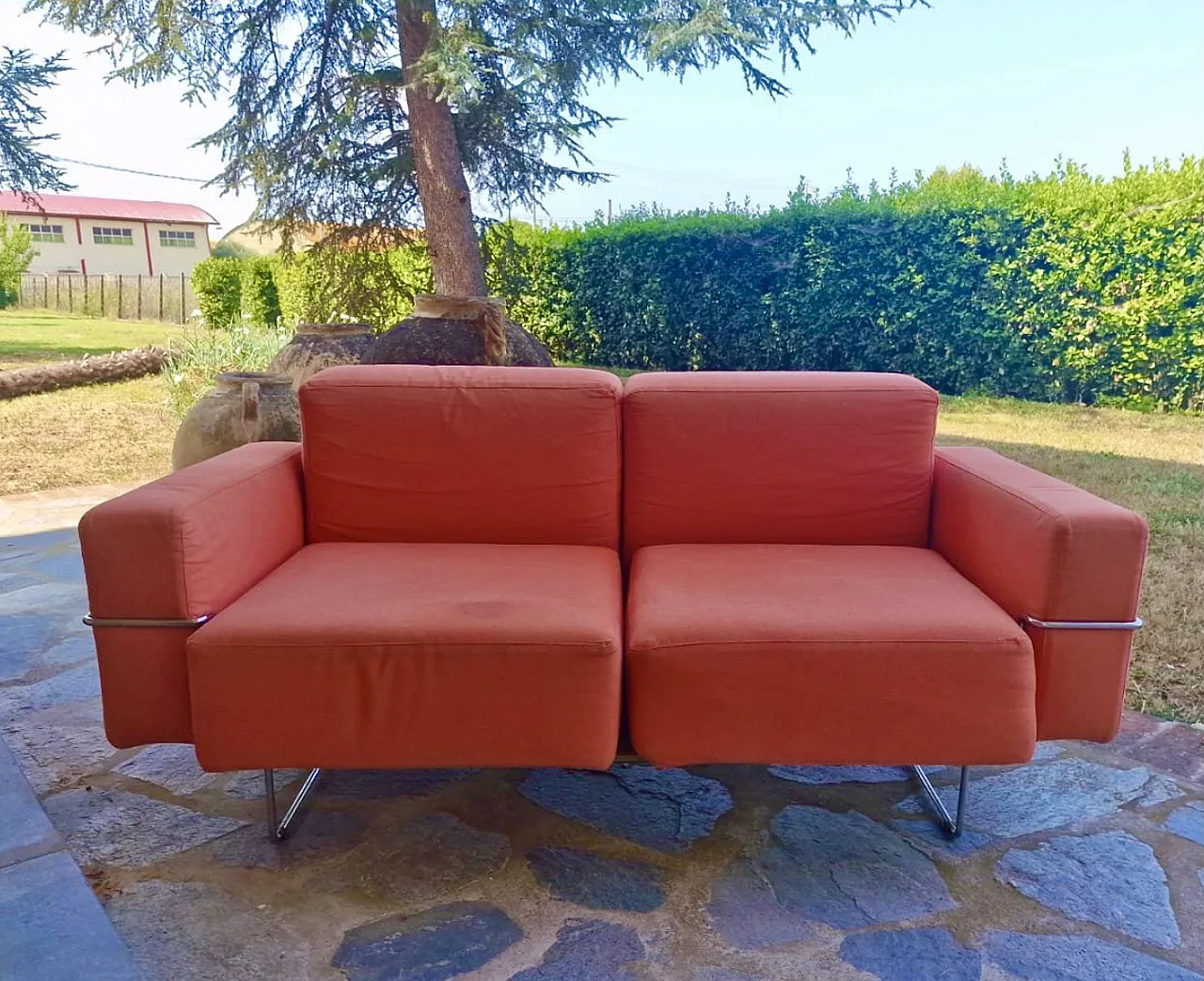 Two-seater sofa with orange Ipercubik pouf by Biesse 8