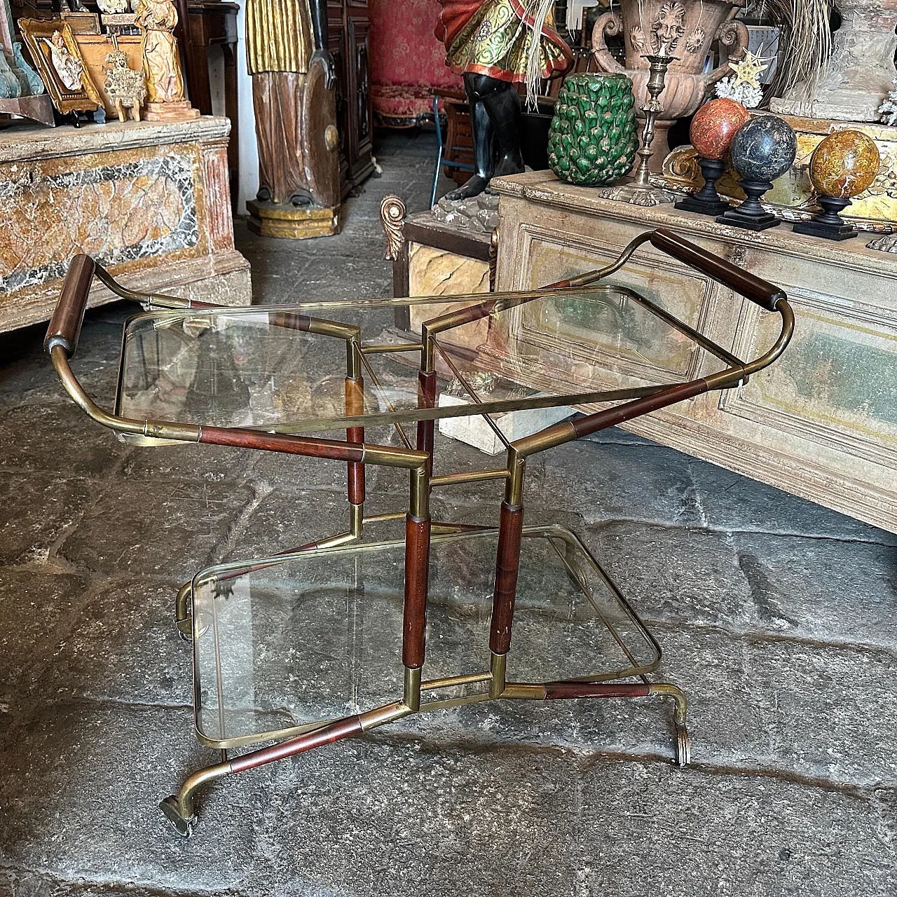 Carrello da bar in ottone, legno e vetro di Cesare Lacca, anni '50 3