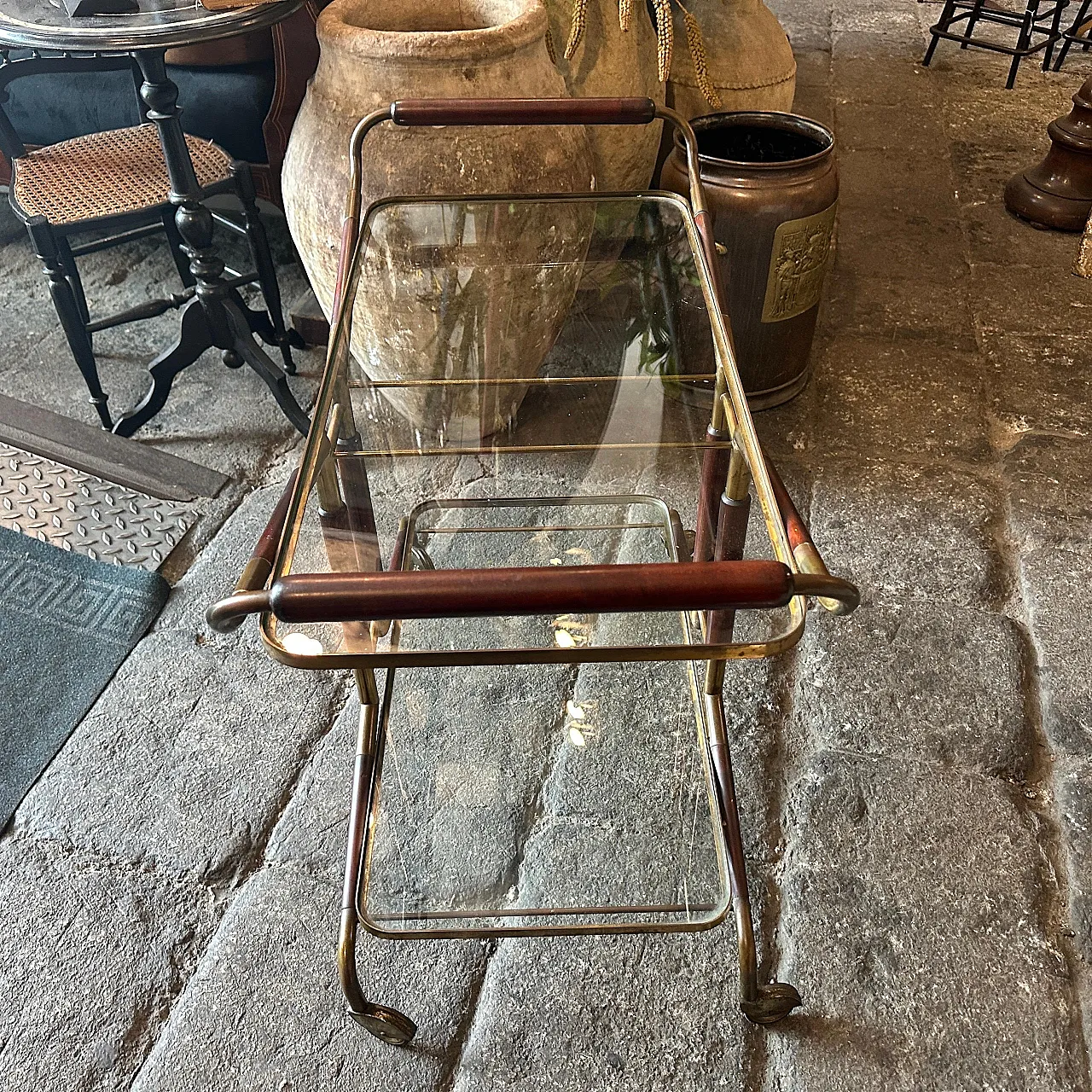 Carrello da bar in ottone, legno e vetro di Cesare Lacca, anni '50 8