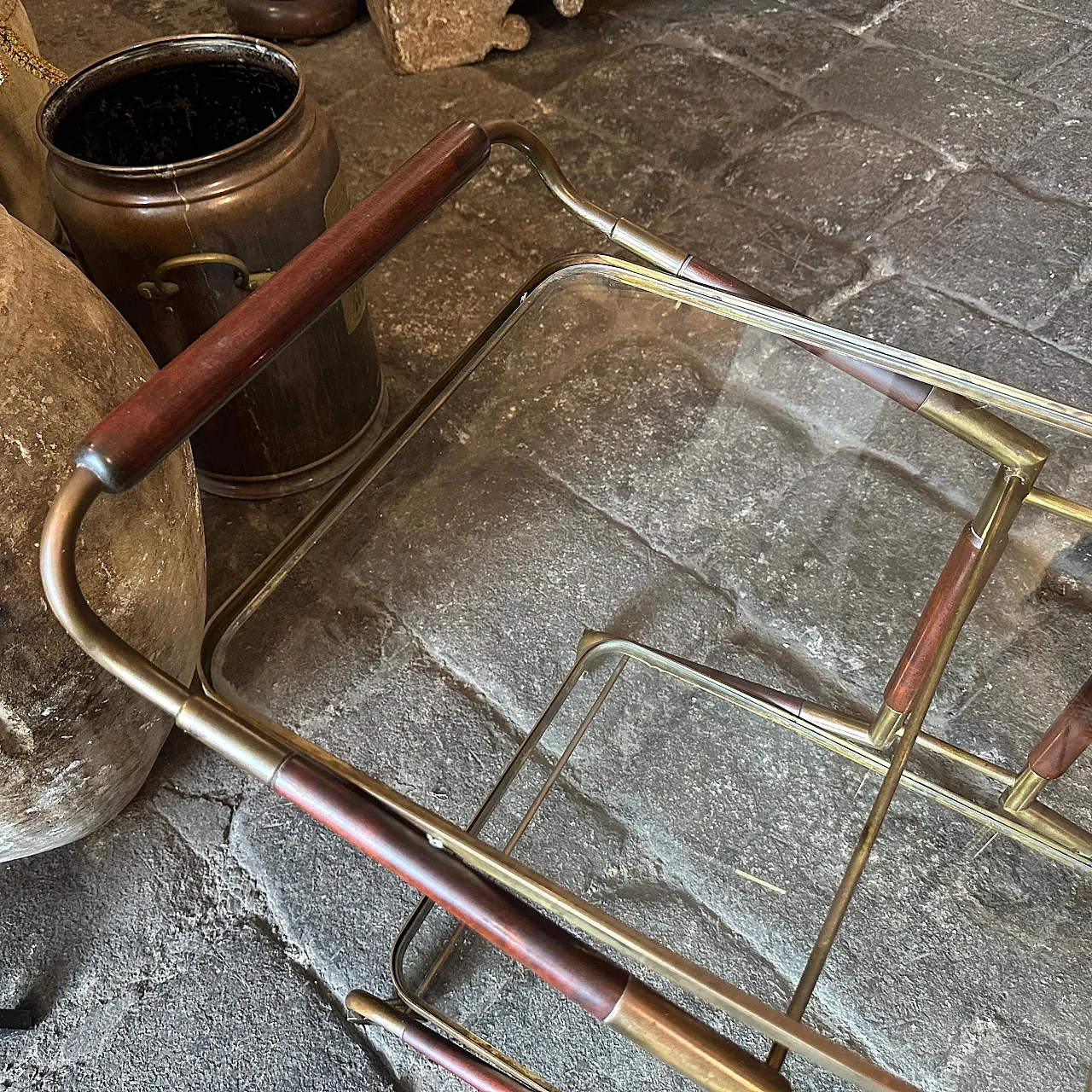 Carrello da bar in ottone, legno e vetro di Cesare Lacca, anni '50 9