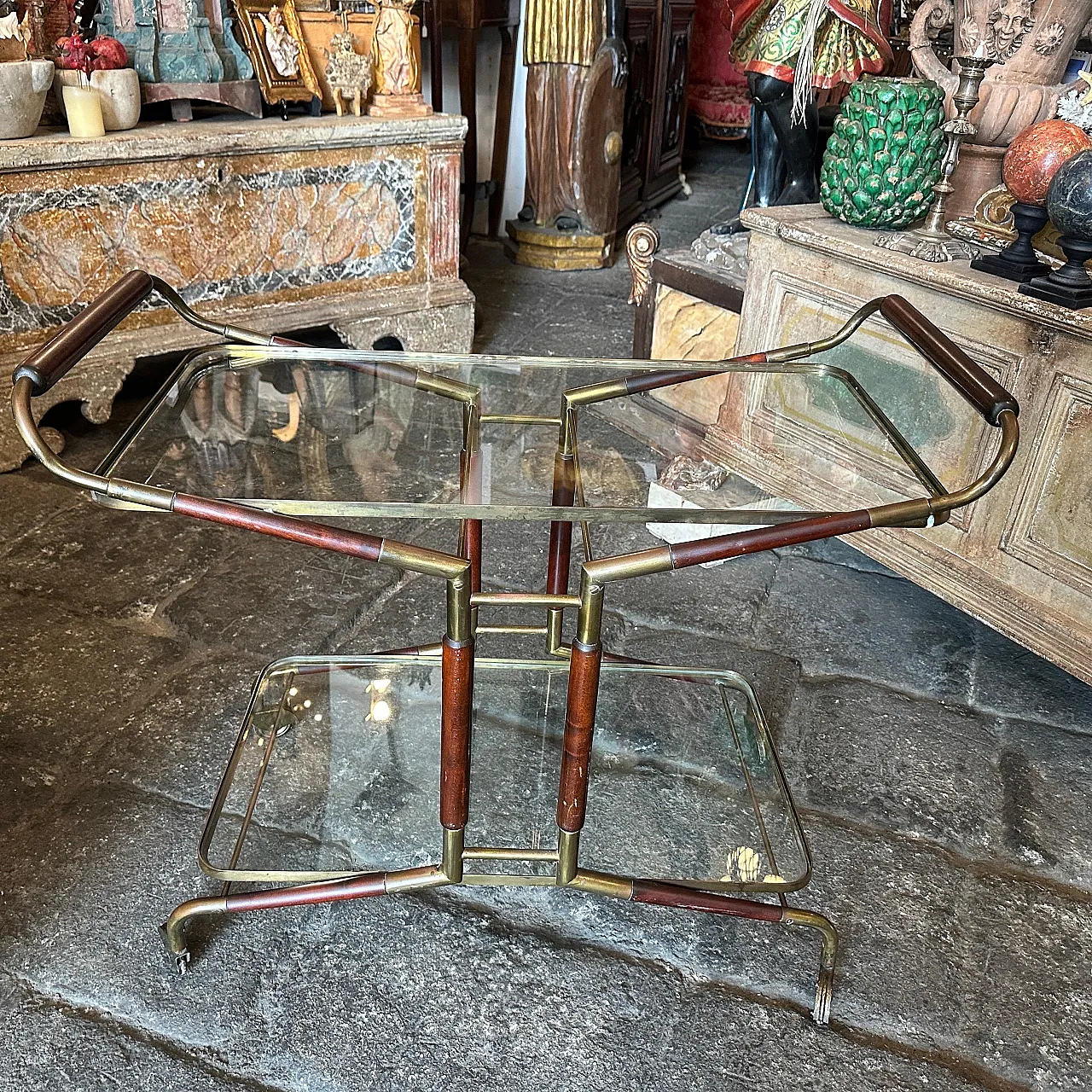 Carrello da bar in ottone, legno e vetro di Cesare Lacca, anni '50 10