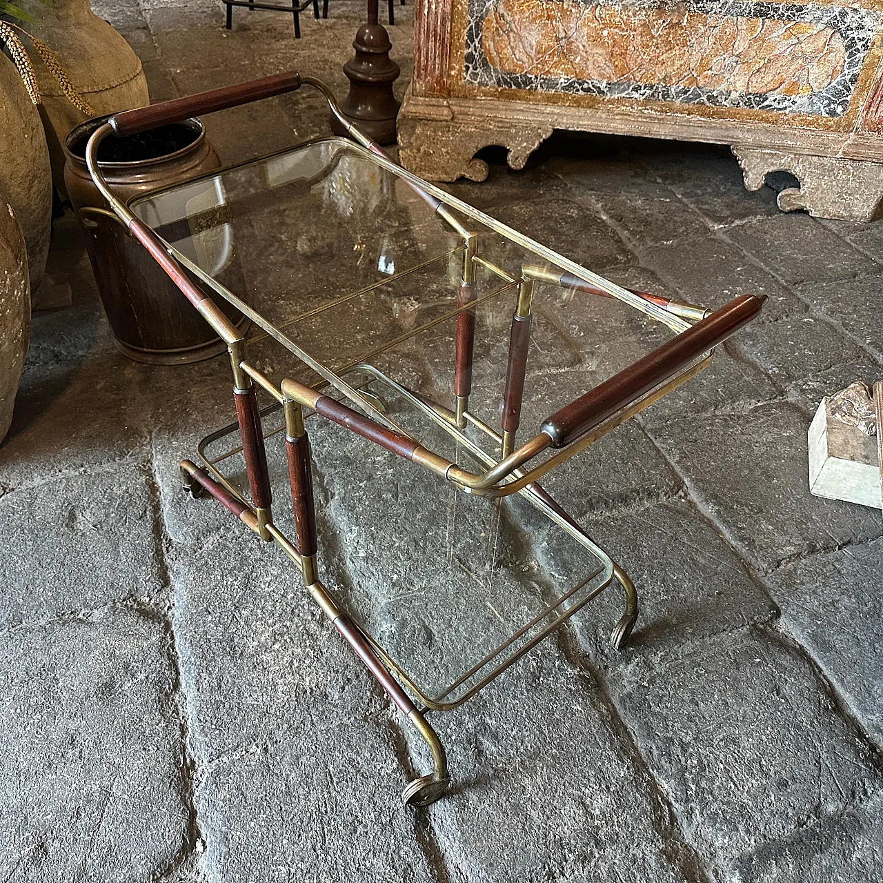 Carrello da bar in ottone, legno e vetro di Cesare Lacca, anni '50 14