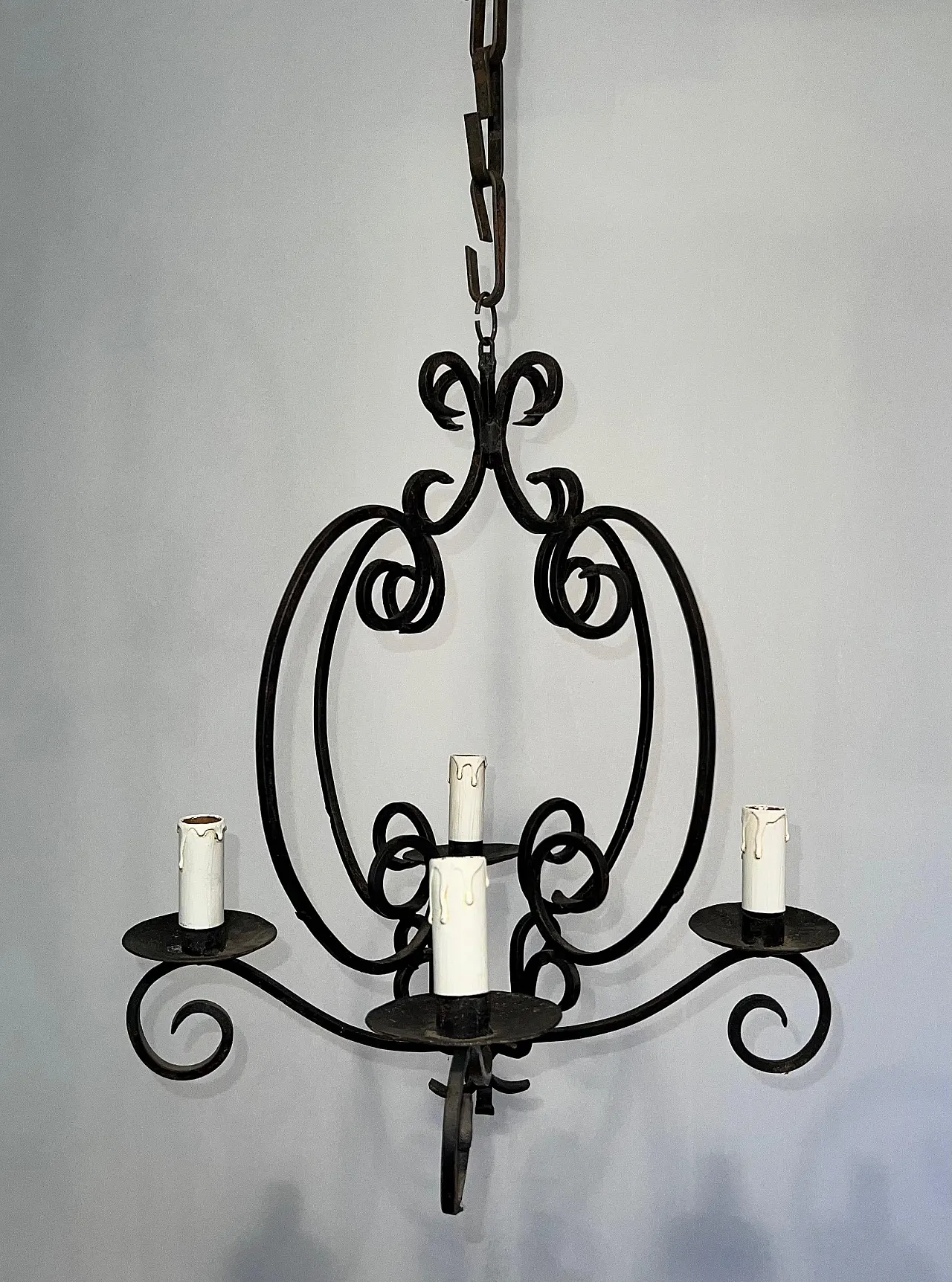 4-light wrought iron chandelier, 1950s 4