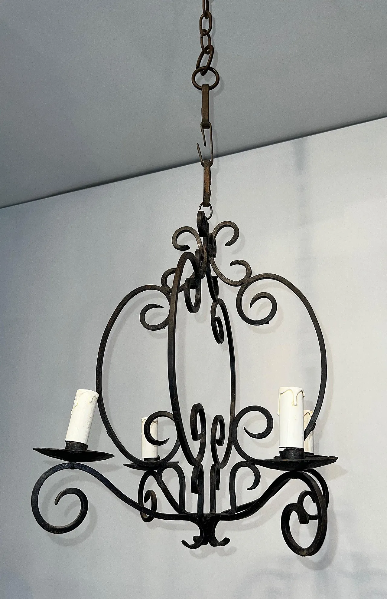 4-light wrought iron chandelier, 1950s 8