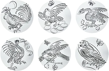 6 Calligraphic Birds Plates by Piero Fornasetti, 1960s