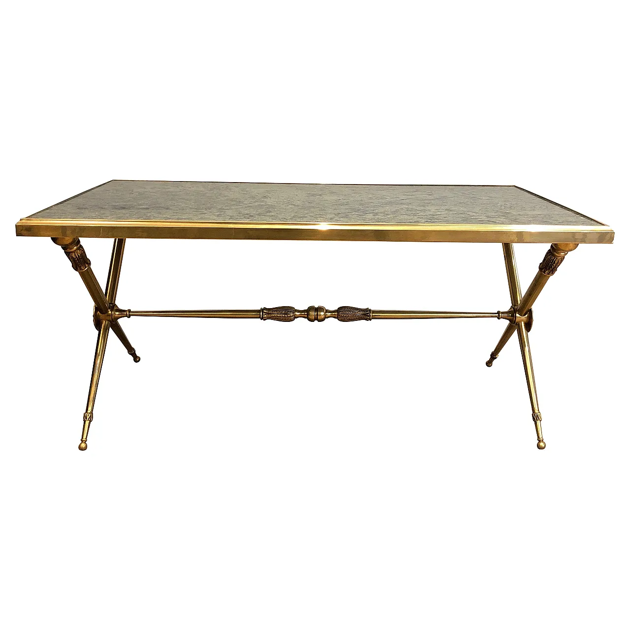 Brass coffee table with marble top, Raymond Subes style, 1940s 1