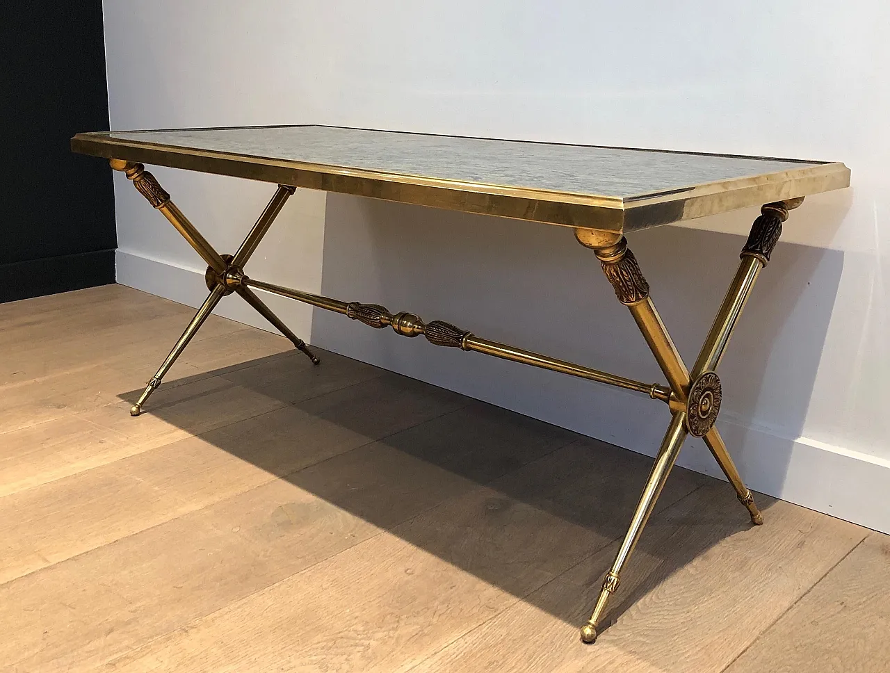 Brass coffee table with marble top, Raymond Subes style, 1940s 5