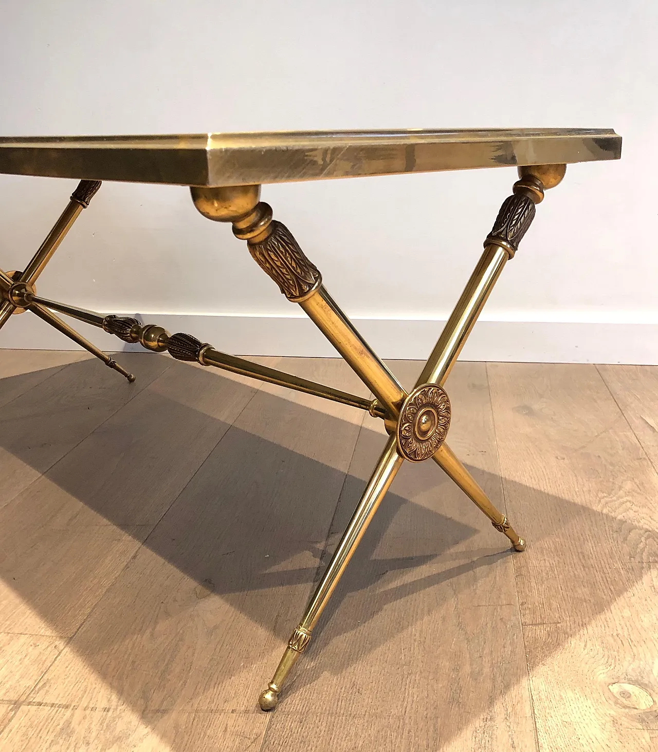 Brass coffee table with marble top, Raymond Subes style, 1940s 7