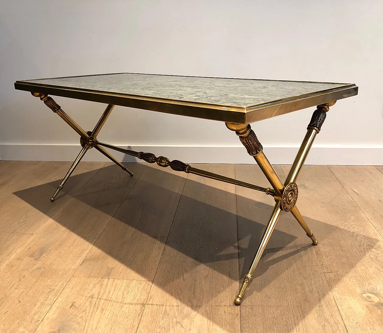 Brass coffee table with marble top, Raymond Subes style, 1940s 13