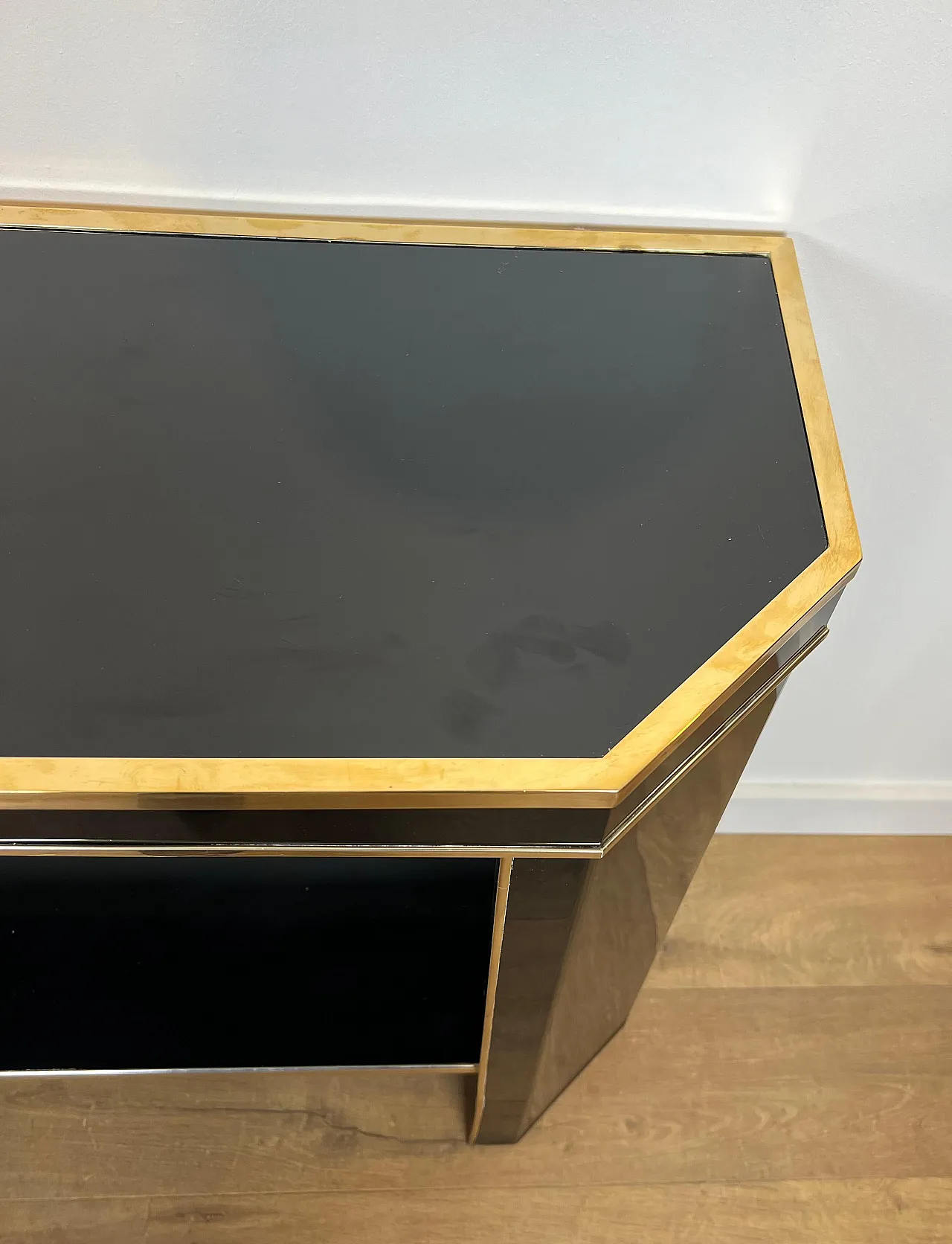 Gilded and lacquered metal console table by Jean Claude Mahey, 1970s 10