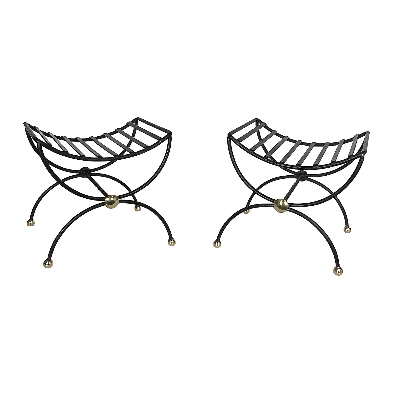 Pair of wrought iron and brass curule stools, 1950s 1