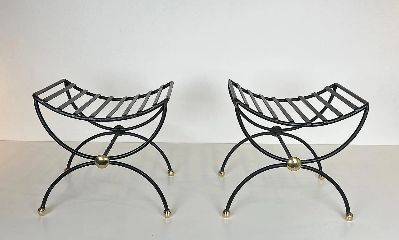 Pair of wrought iron and brass curule stools, 1950s 2