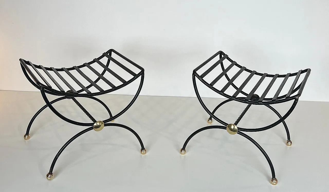 Pair of wrought iron and brass curule stools, 1950s 3