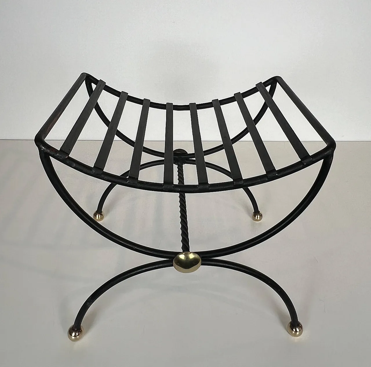 Pair of wrought iron and brass curule stools, 1950s 4