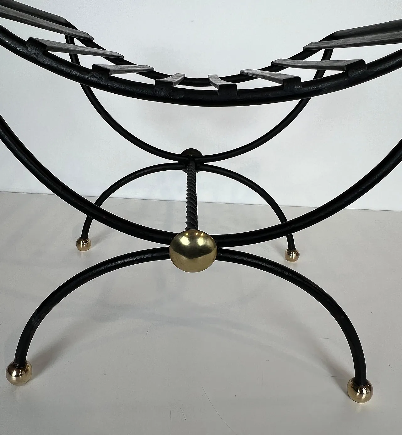 Pair of wrought iron and brass curule stools, 1950s 10