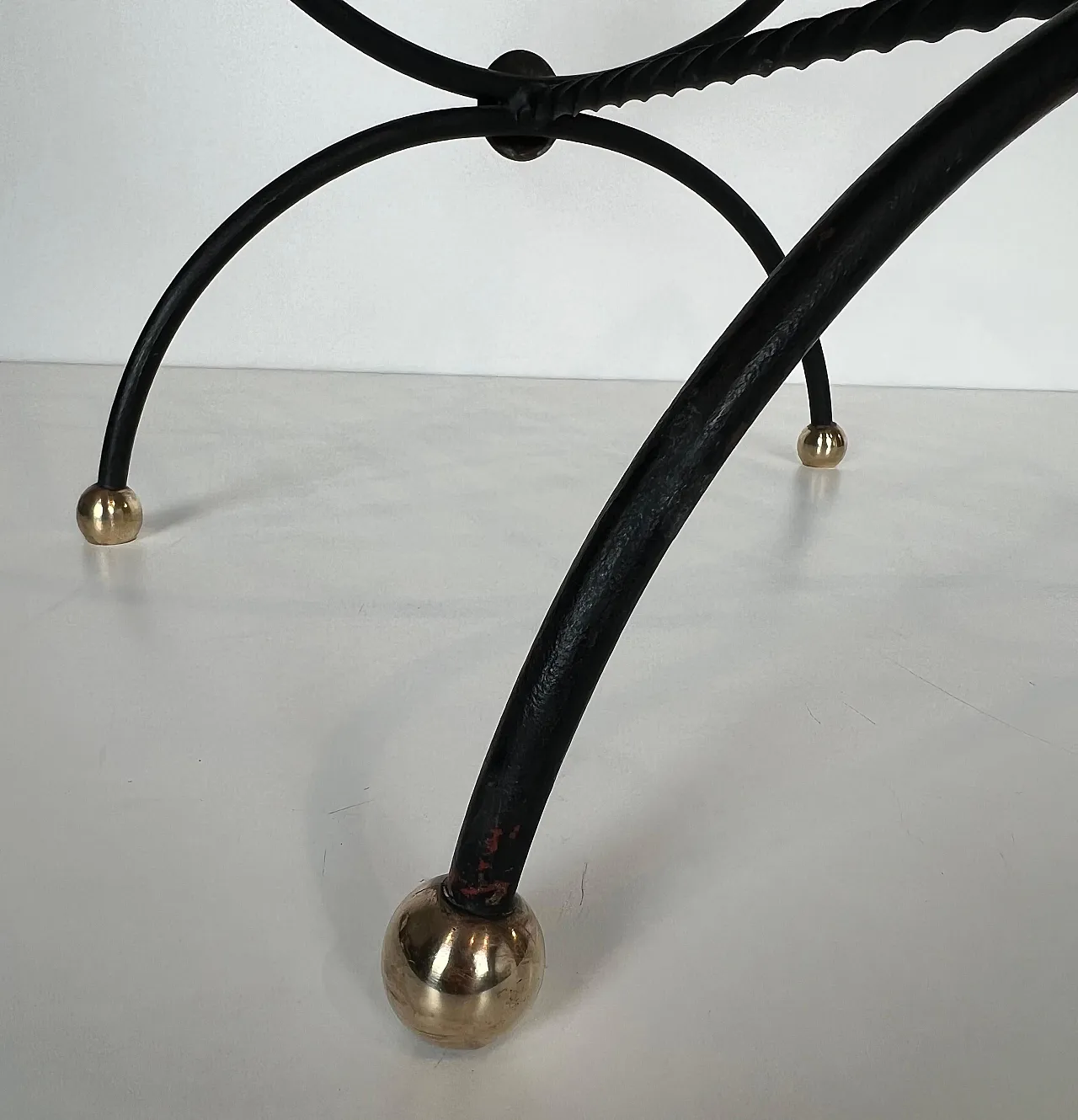 Pair of wrought iron and brass curule stools, 1950s 11