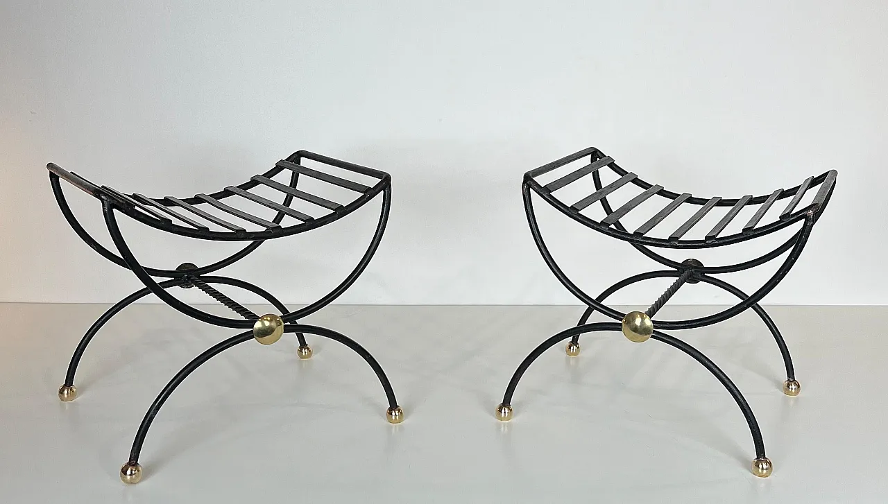 Pair of wrought iron and brass curule stools, 1950s 12