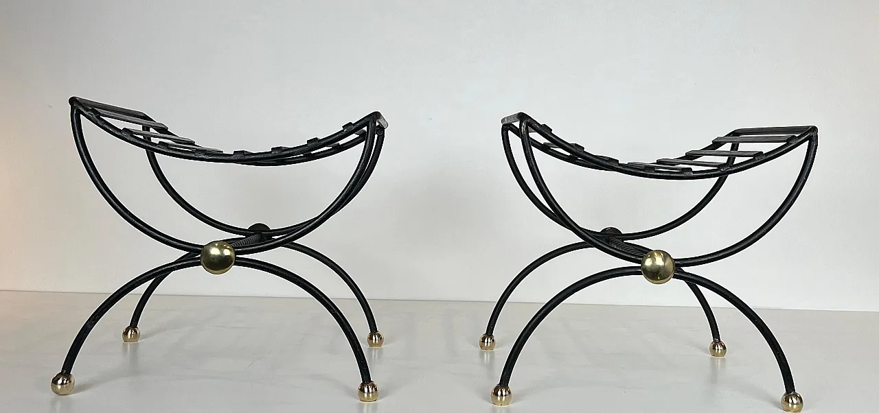 Pair of wrought iron and brass curule stools, 1950s 13