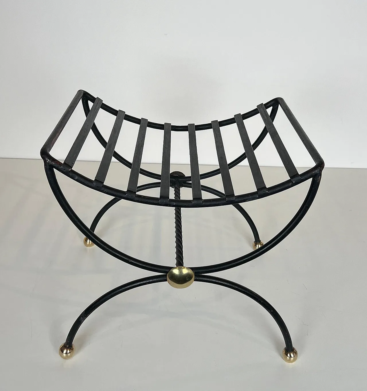 Pair of wrought iron and brass curule stools, 1950s 14