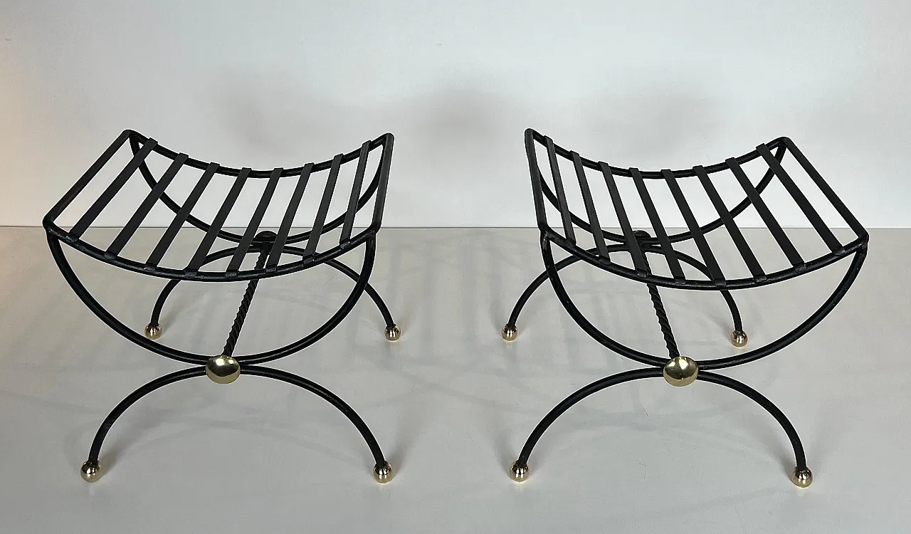 Pair of wrought iron and brass curule stools, 1950s 18