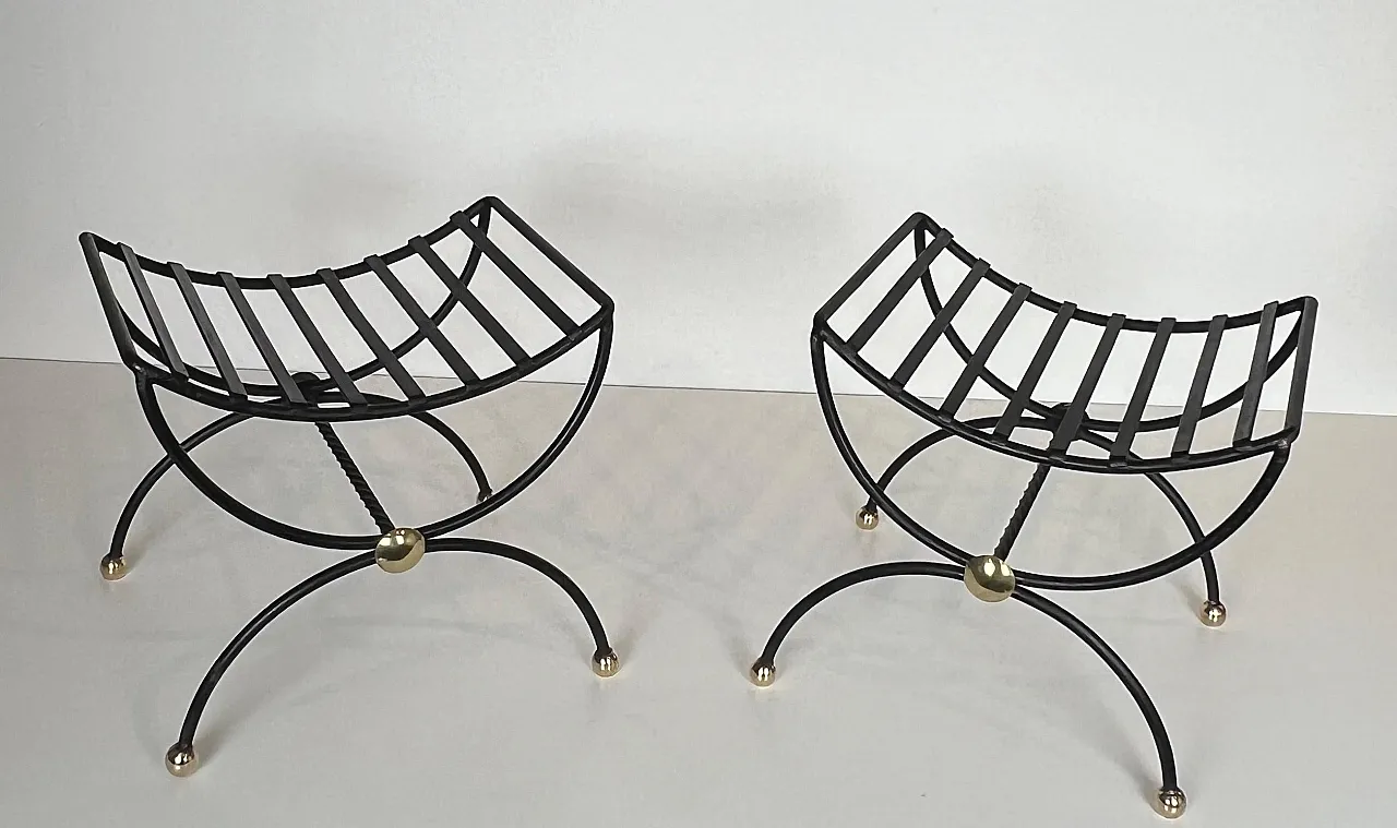 Pair of wrought iron and brass curule stools, 1950s 19