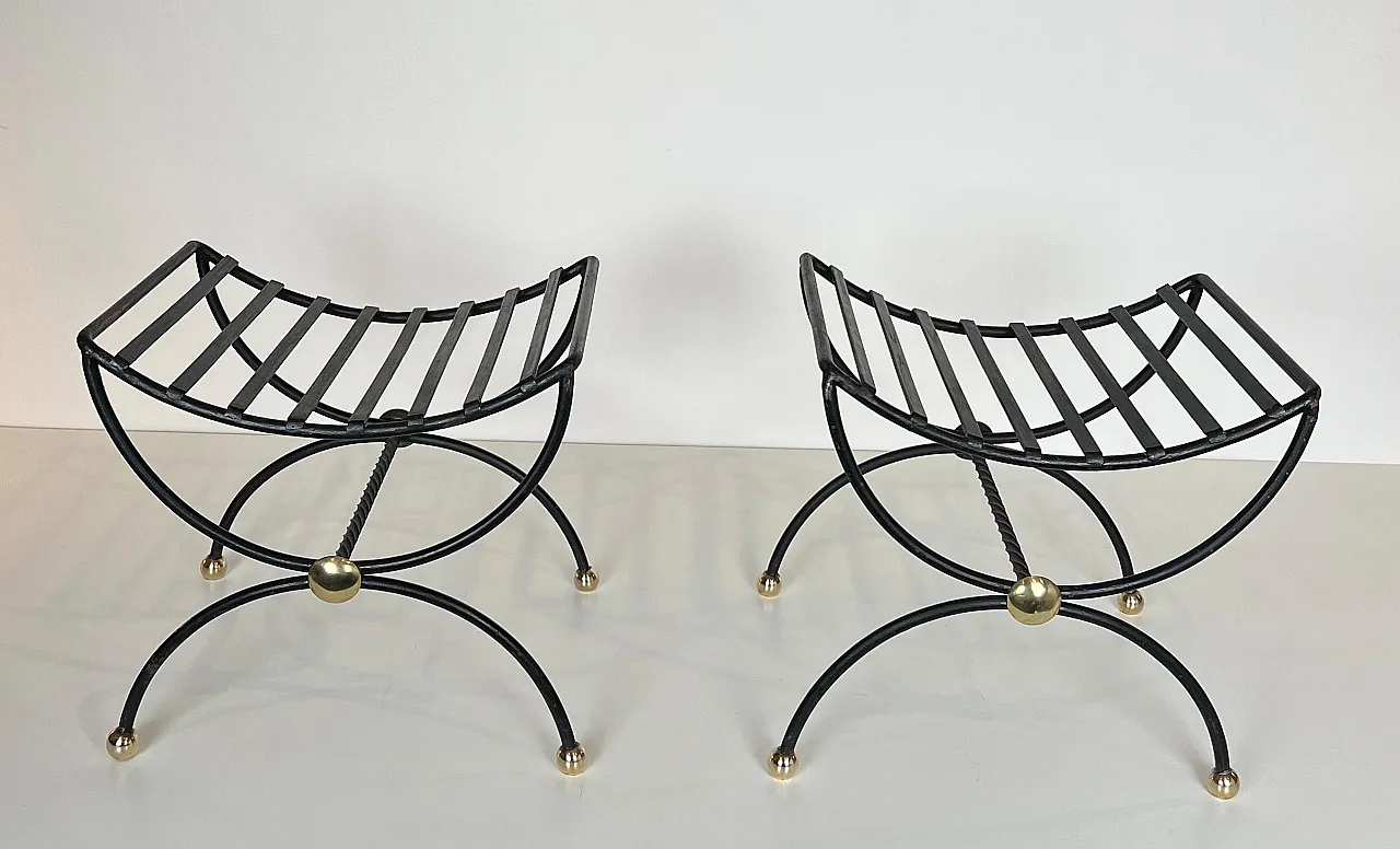 Pair of wrought iron and brass curule stools, 1950s 20