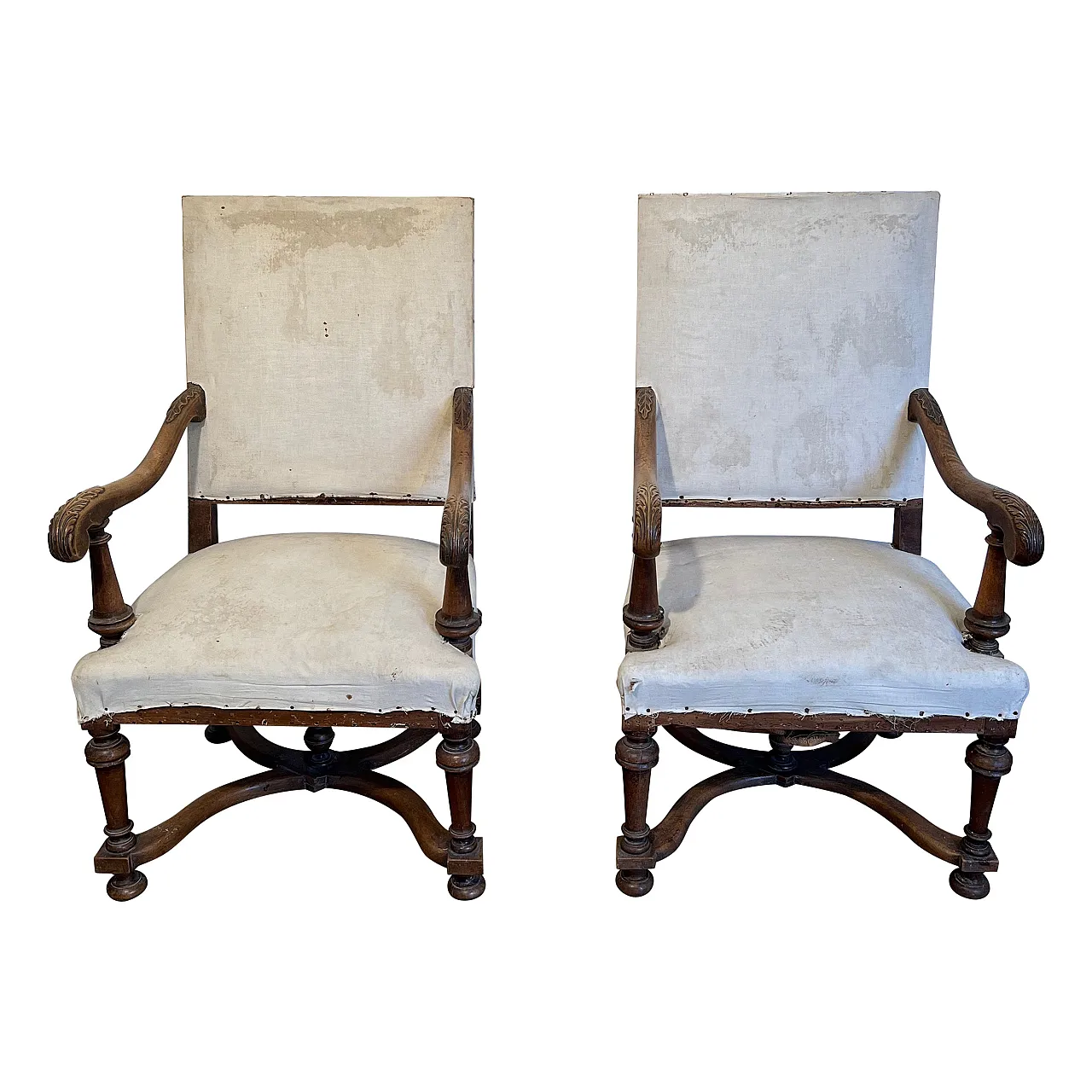 Pair of high-backed armchairs Louis XIII style in walnut, 19th century 1