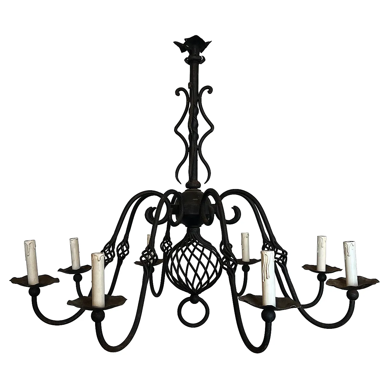 Wrought iron chandelier with 8 lights, 1950s 1