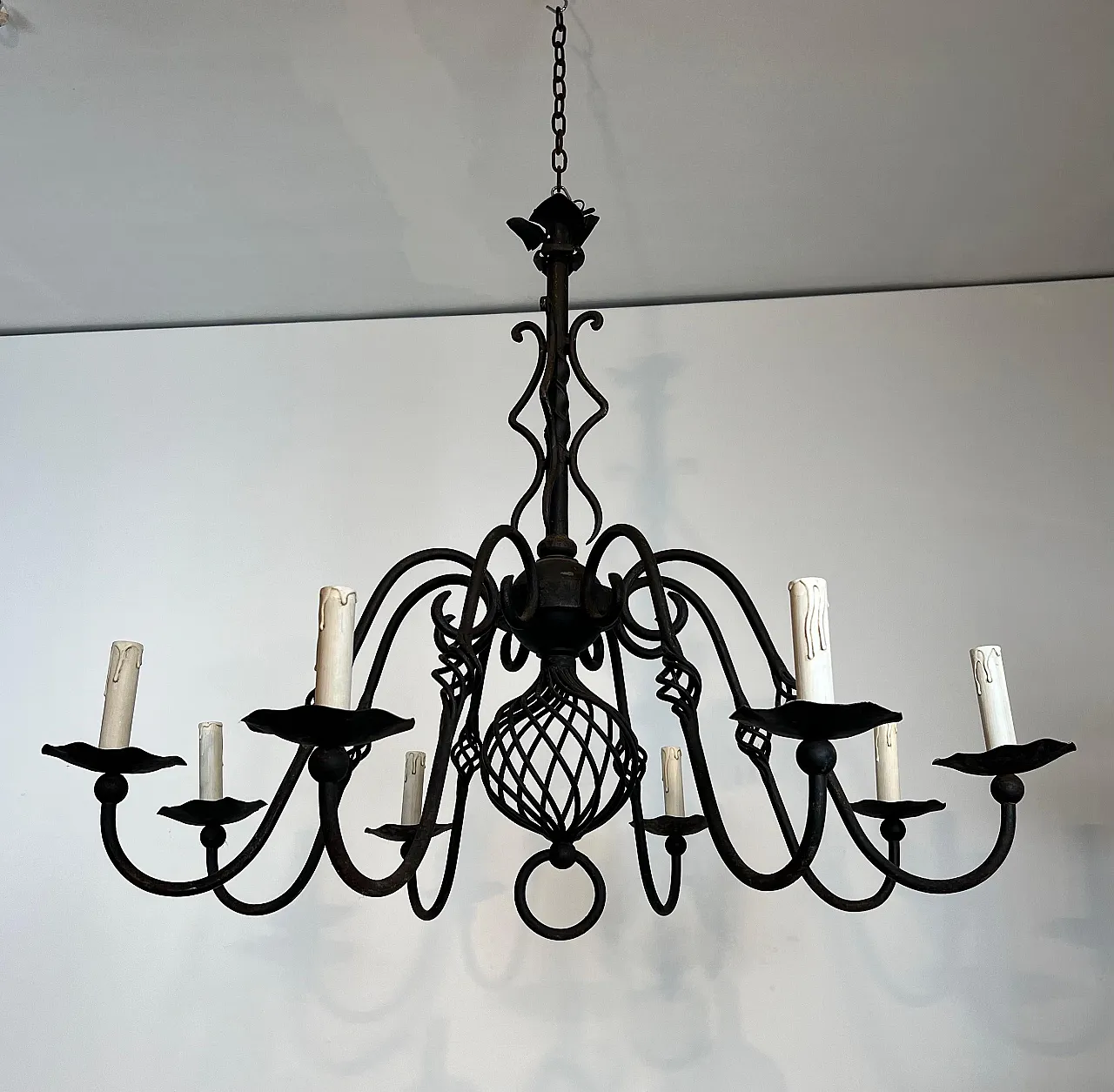 Wrought iron chandelier with 8 lights, 1950s 2