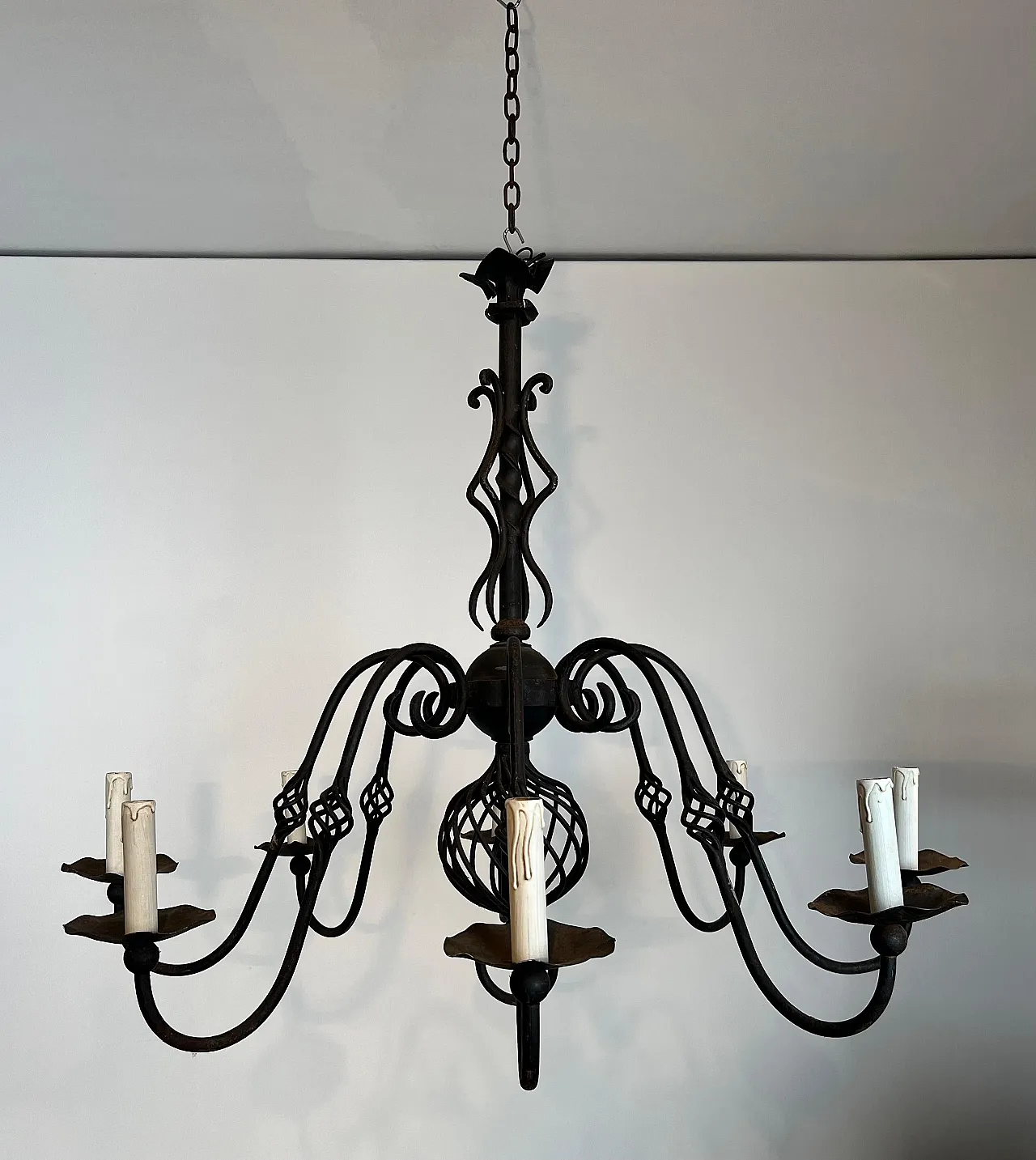 Wrought iron chandelier with 8 lights, 1950s 3