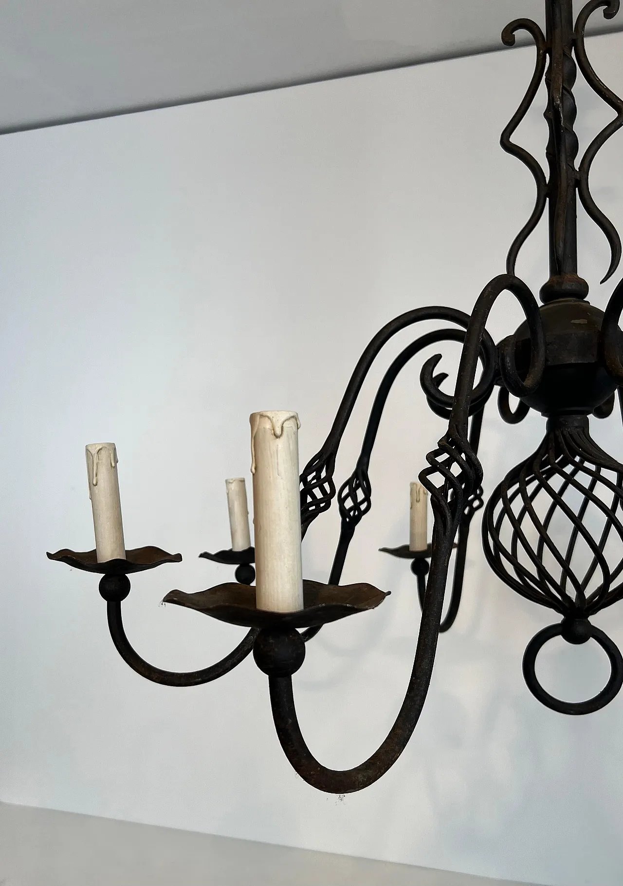 Wrought iron chandelier with 8 lights, 1950s 7