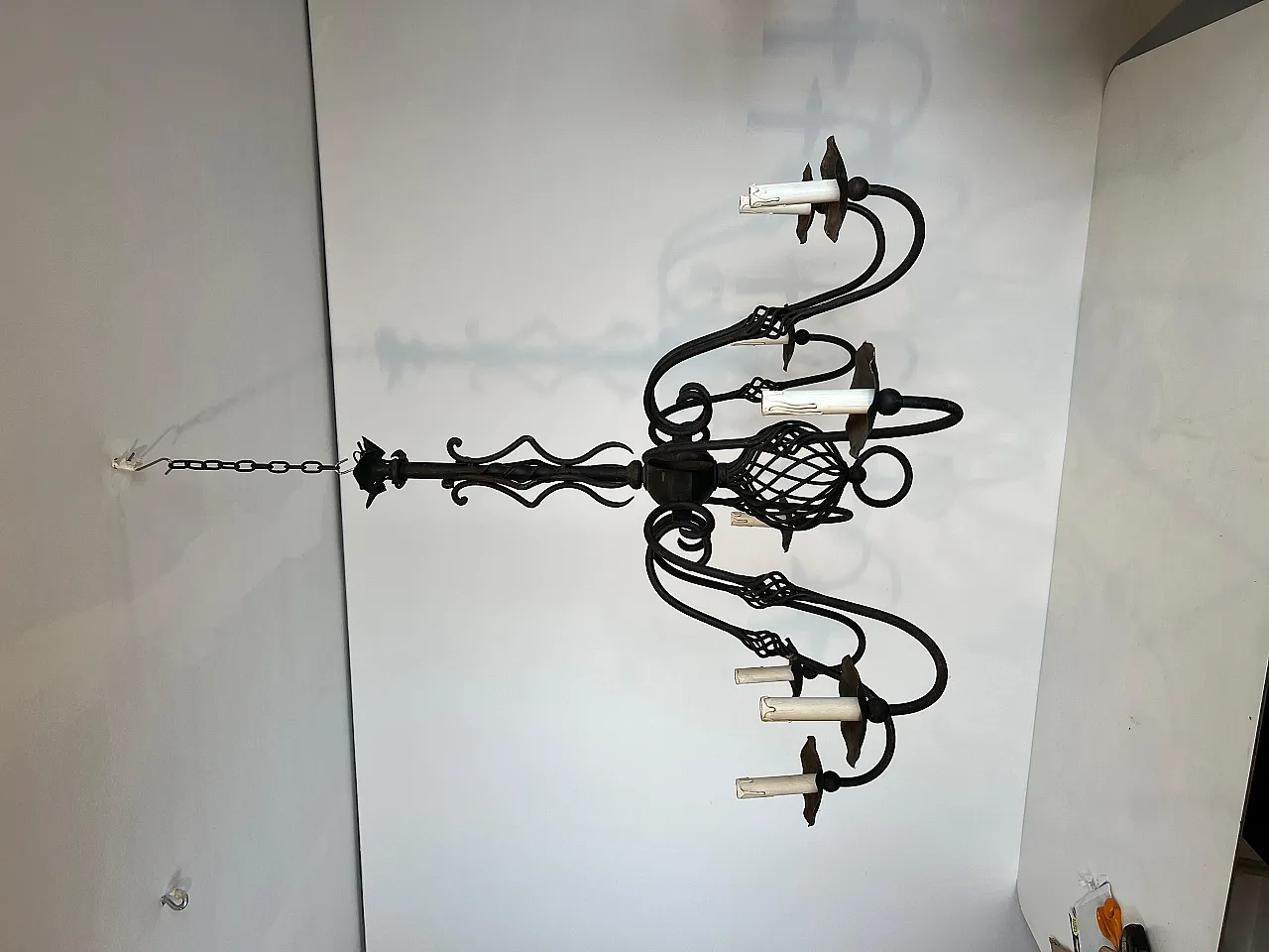 Wrought iron chandelier with 8 lights, 1950s 12