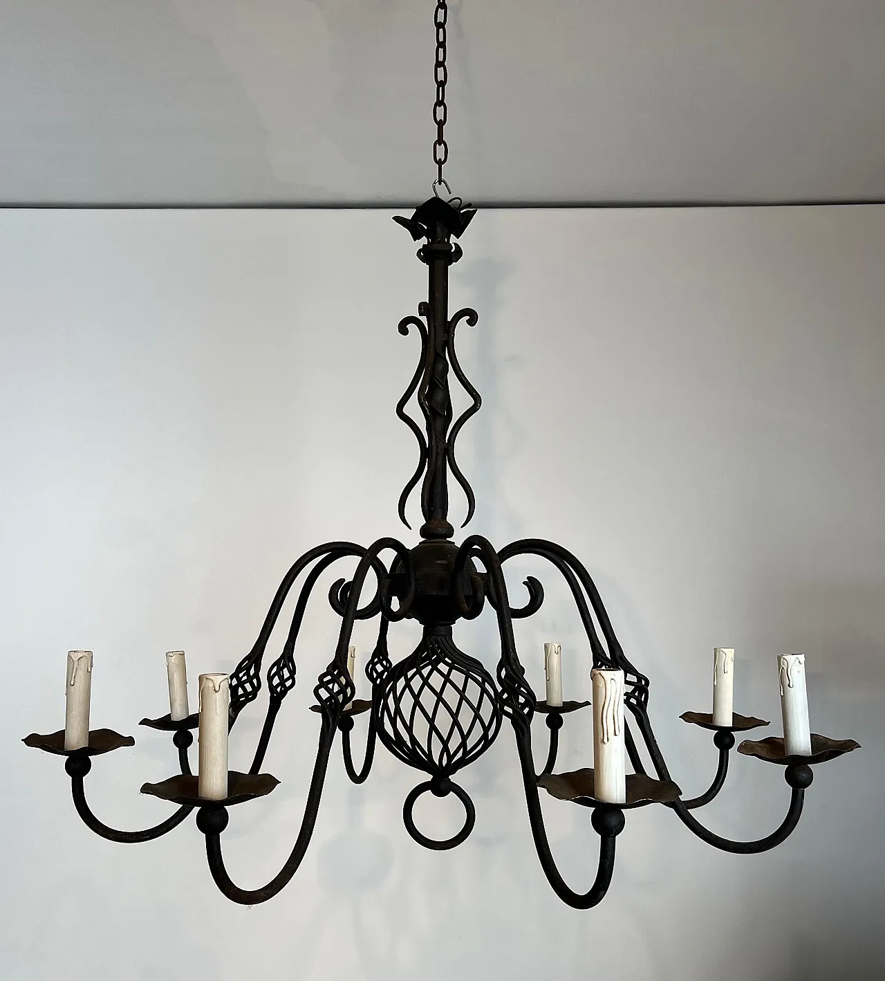 Wrought iron chandelier with 8 lights, 1950s 13