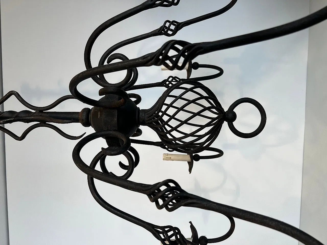 Wrought iron chandelier with 8 lights, 1950s 15