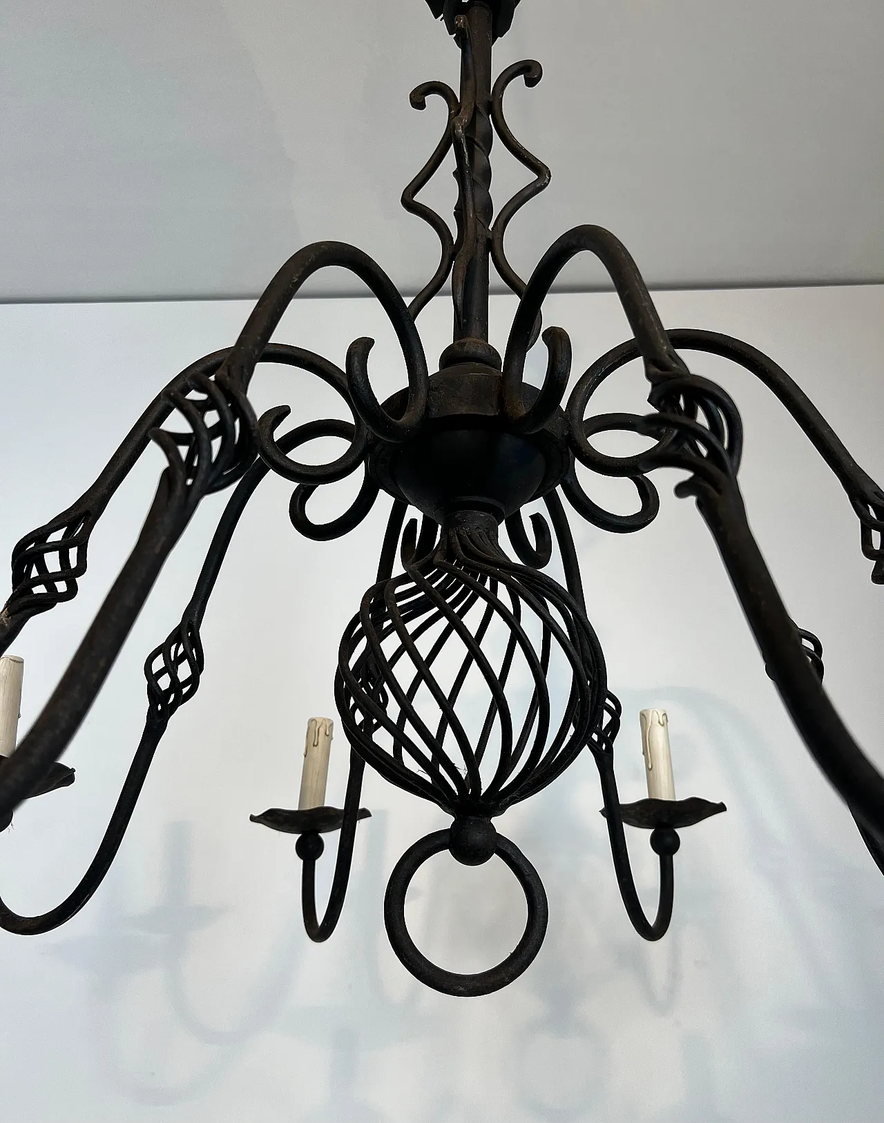 Wrought iron chandelier with 8 lights, 1950s 16