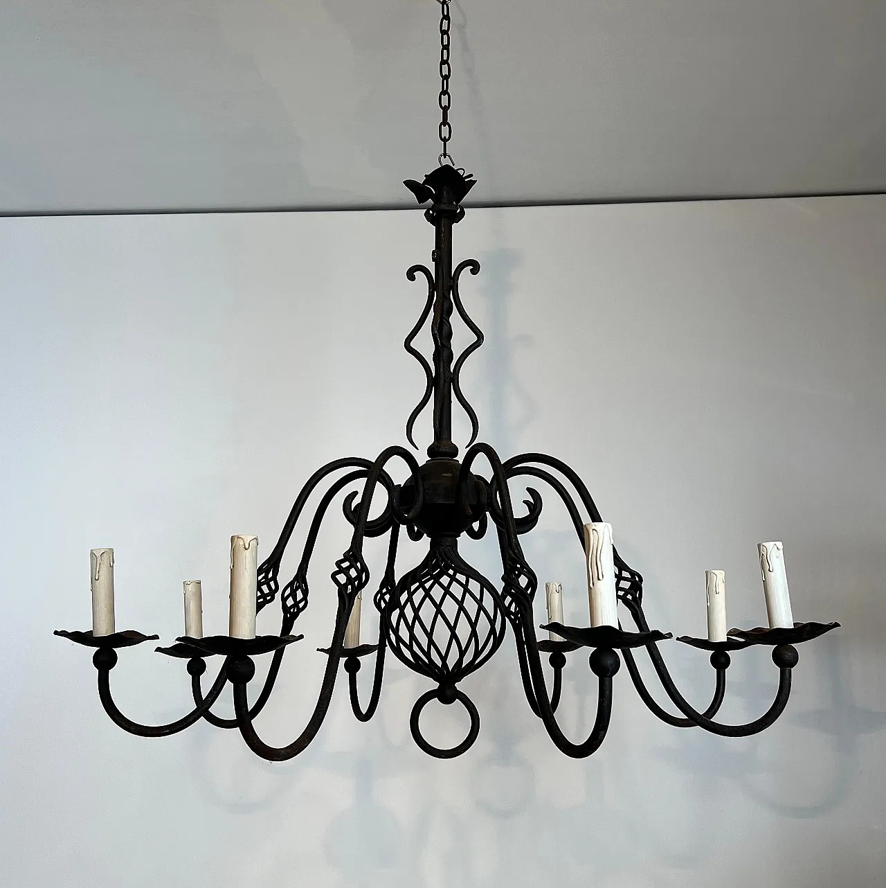 Wrought iron chandelier with 8 lights, 1950s 19