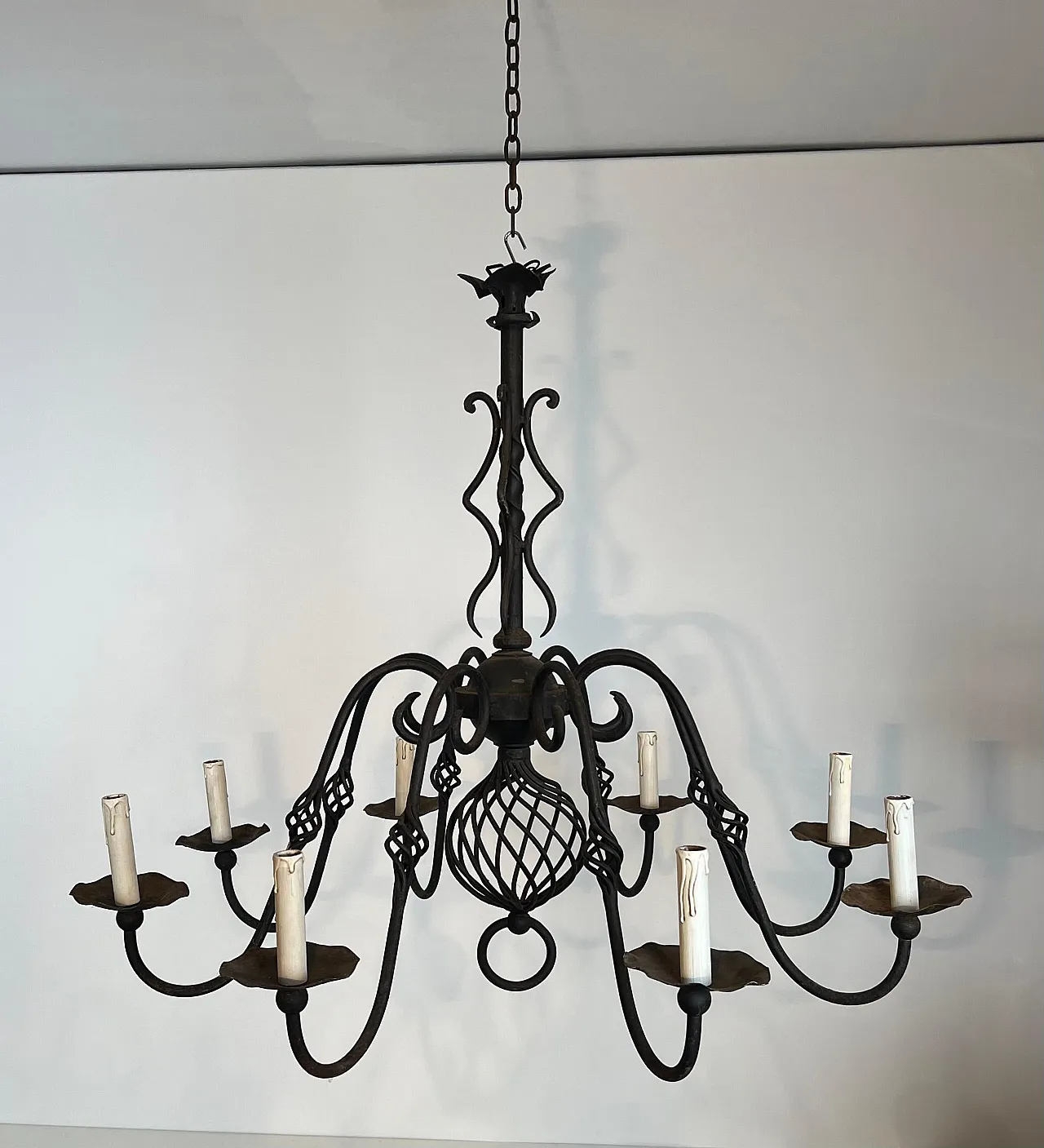 Wrought iron chandelier with 8 lights, 1950s 20