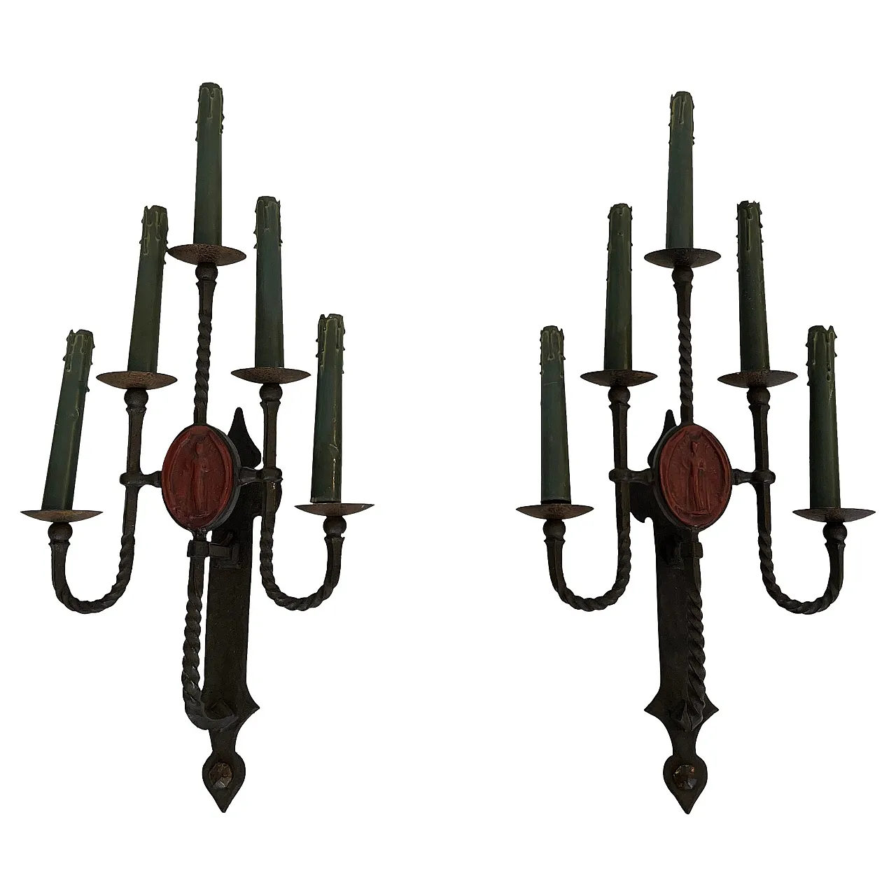 Pair of wrought iron wall sconces with 5 arms with coat of arms, 1940s 1