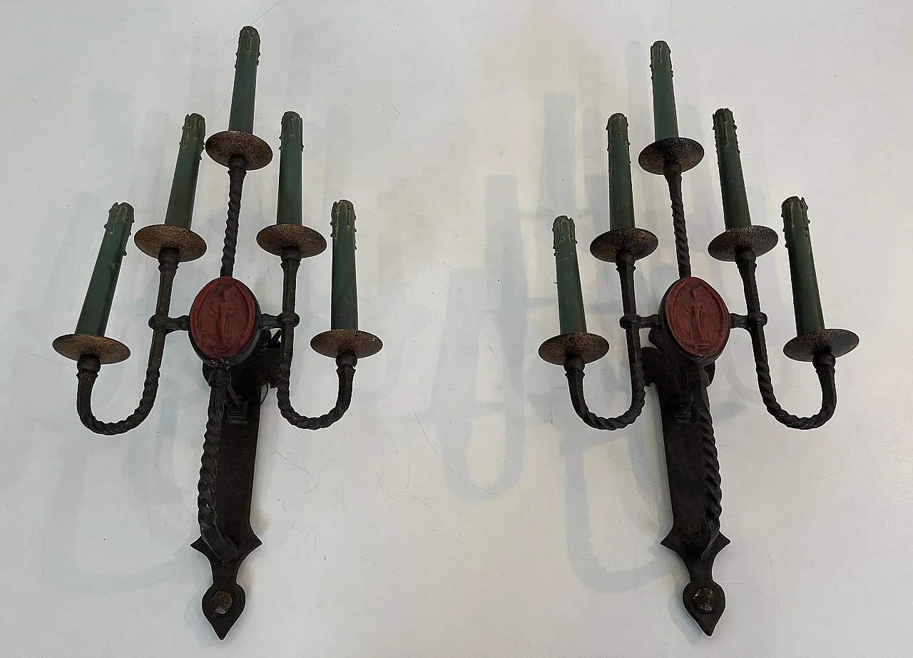 Pair of wrought iron wall sconces with 5 arms with coat of arms, 1940s 2