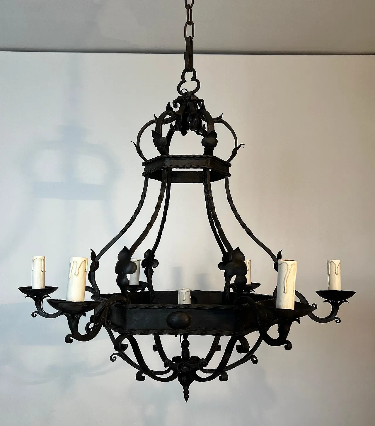 Wrought iron cage chandelier with 7 lights, 1940s 2